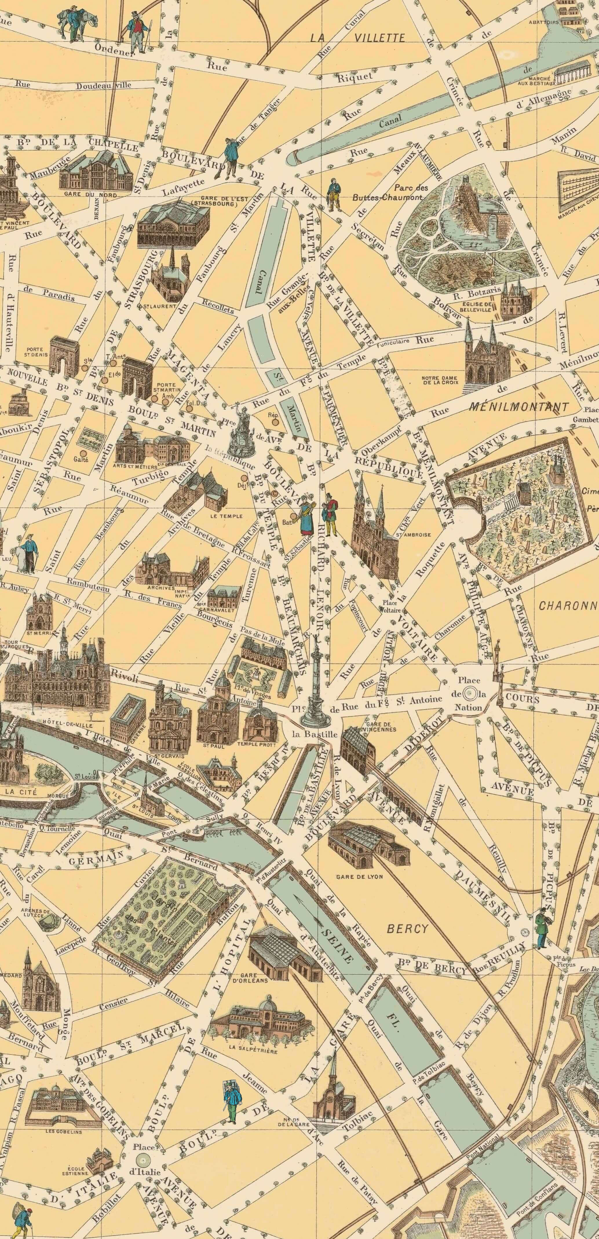 carte des monuments de paris en 1899 : bastille et buttes chaumont